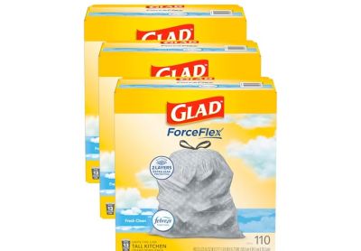 Image: Glad ForceFlex 13 Gallon Fresh Clean Scent Tall Kitchen Grips-The-Can Drawstring Gray Trash Bags (110 x 3 Pack)