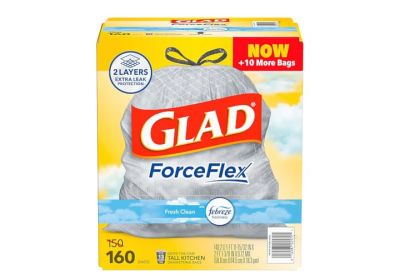 Image: Glad ForceFlex 13 Gallon Fresh Clean Scent Tall Kitchen Grips-The-Can Drawstring Gray Trash Bags (160 Count)