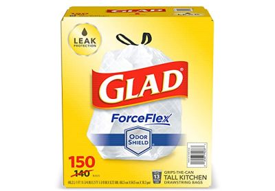 Image: Glad ForceFlex 13 Gallon Fresh Scent Tall Kitchen Grips-The-Can Drawstring White Trash Bags (150 Count)