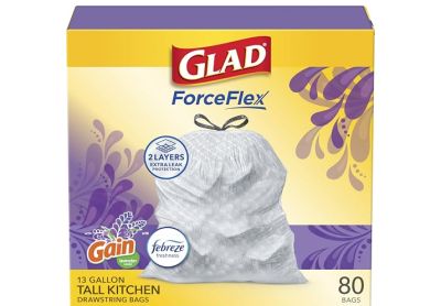 Image: Glad ForceFlex 13 Gallon Gain Lavender Scent Tall Kitchen Grips-The-Can Drawstring Gray Trash Bags (80 Count)