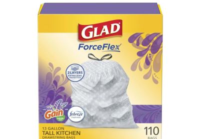 Image: Glad ForceFlex 13 Gallon Gain Lavender Scent Tall Kitchen Grips-The-Can Drawstring White Trash Bags (110 Count)