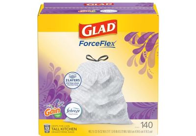 Image: Glad ForceFlex 13 Gallon Gain Lavender Scent Tall Kitchen Grips-The-Can Drawstring White Trash Bags (140 Count)