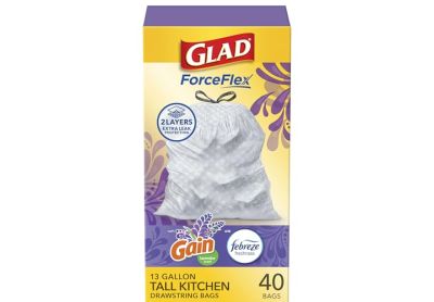 Image: Glad ForceFlex 13 Gallon Gain Lavender Scent Tall Kitchen Grips-The-Can Drawstring White Trash Bags (40 Count)