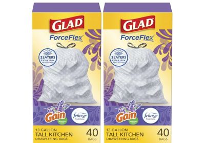 Image: Glad ForceFlex 13 Gallon Gain Lavender Scent Tall Kitchen Grips-The-Can Drawstring White Trash Bags (40 x 2 Pack)