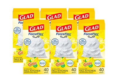 Image: Glad ForceFlex 13 Gallon Gain Lemon Zest Scent Tall Kitchen Drawstring Gray Trash Bags (40 x 6 Pack)