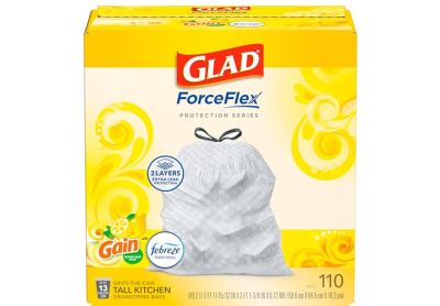 Image: Glad ForceFlex 13 Gallon Gain Lemon Zest Scent Tall Kitchen Grips-The-Can Drawstring Gray Trash Bags (110 Count)
