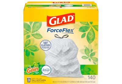 Image: Glad ForceFlex 13 Gallon Gain Original Scent Tall Kitchen Grips-The-Can Drawstring Gray Trash Bags (140 Count)