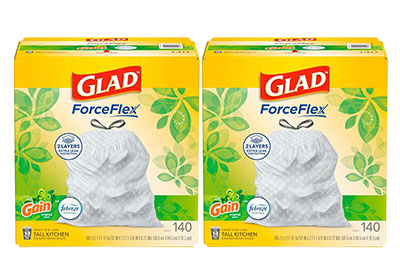 Image: Glad ForceFlex 13 Gallon Gain Original Scent Tall Kitchen Grips-The-Can Drawstring Gray Trash Bags (140 x 2 Pack)