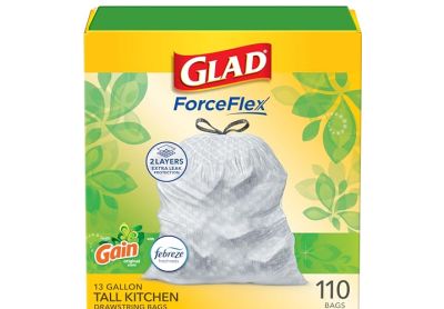 Image: Glad ForceFlex 13 Gallon Gain Original Scent Tall Kitchen Grips-The-Can Drawstring White Trash Bags (110 Count)