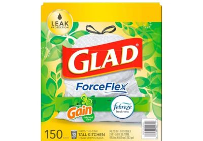 Image: Glad ForceFlex 13 Gallon Gain Original Scent Tall Kitchen Grips-The-Can Drawstring White Trash Bags (150 Count)