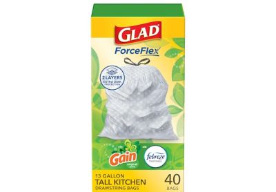 Image: Glad ForceFlex 13 Gallon Gain Original Scent Tall Kitchen Grips-The-Can Drawstring White Trash Bags (40 Count)