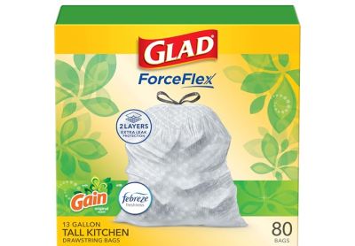 Image: Glad ForceFlex 13 Gallon Gain Original Scent Tall Kitchen Grips-The-Can Drawstring White Trash Bags (80 Count)