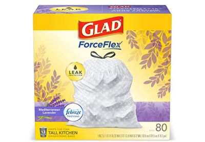 Image: Glad ForceFlex 13 Gallon Mediterranean Lavender Scent Tall Kitchen Grips-The-Can Drawstring White Trash Bags (80 Count)