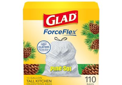 Image: Glad ForceFlex 13 Gallon Pine-Sol Original Scent Tall Kitchen Drawstring White Trash Bags (110 Count)