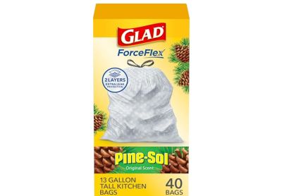 Image: Glad ForceFlex 13 Gallon Pine-Sol Original Scent Tall Kitchen Grips-The-Can Drawstring White Trash Bags (40 Count)
