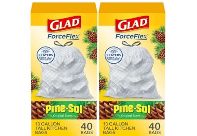 Image: Glad ForceFlex 13 Gallon Pine-Sol Original Scent Tall Kitchen Grips-The-Can Drawstring White Trash Bags (40 x 2 Pack)