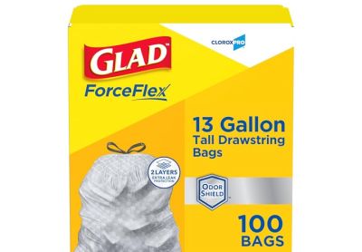 Image: Glad ForceFlex 13 Gallon Scent Free Tall Kitchen Drawstring Gray Trash Bags (100 Count)