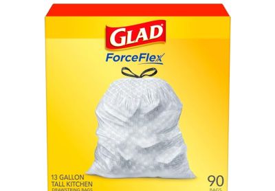 Image: Glad ForceFlex 13 Gallon Scent Free Tall Kitchen Drawstring Gray Trash Bags (90 Count)