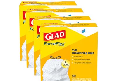 Image: Glad ForceFlex 13 Gallon Scent Free Tall Kitchen Grips-The-Can Drawstring Gray Trash Bags (100 x 4 Pack)