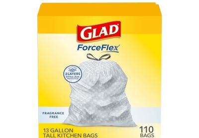 Image: Glad ForceFlex 13 Gallon Scent Free Tall Kitchen Grips-The-Can Drawstring Gray Trash Bags (110 Count)