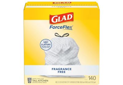 Image: Glad ForceFlex 13 Gallon Scent Free Tall Kitchen Grips-The-Can Drawstring Gray Trash Bags (140 Count)