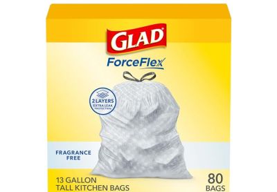 Image: Glad ForceFlex 13 Gallon Scent Free Tall Kitchen Grips-The-Can Drawstring Gray Trash Bags (80 Count)