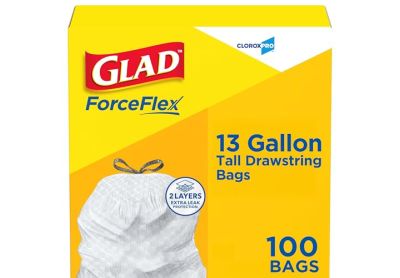 Image: Glad ForceFlex 13 Gallon Scent Free Tall Kitchen Grips-The-Can Drawstring White Trash Bags (100 Count)