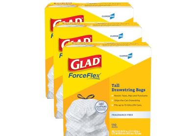 Image: Glad ForceFlex 13 Gallon Scent Free Tall Kitchen Grips-The-Can Drawstring White Trash Bags (110 x 3 Pack)