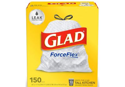 Image: Glad ForceFlex 13 Gallon Scent Free Tall Kitchen Grips-The-Can Drawstring White Trash Bags (150 Count)