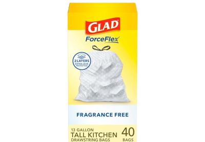 Image: Glad ForceFlex 13 Gallon Scent Free Tall Kitchen Grips-The-Can Drawstring White Trash Bags (40 Count)