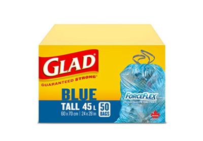 Image: Glad ForceFlex Guaranteed Strong 45L Scent Free Blue Tall Drawstring Trash Bags (50 Count)