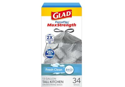Image: Glad ForceFlex MaxStrength 13 Fresh Clean Scent Tall Kitchen Drawstring Gray Trash Bags (34 Count)
