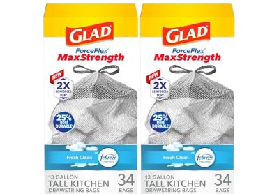 Image: Glad ForceFlex MaxStrength 13 Fresh Clean Scent Tall Kitchen Drawstring Gray Trash Bags (34 x 2 Pack)