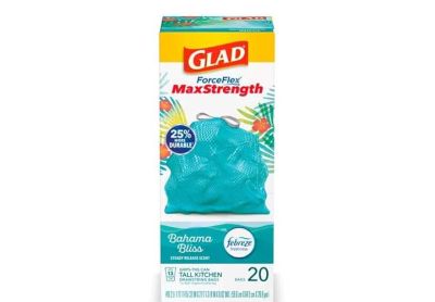 Image: Glad ForceFlex MaxStrength 13 Gallon Bahama Bliss Scent Tall Kitchen Grips-The-Can Drawstring Teal Trash Bags (20 Count)
