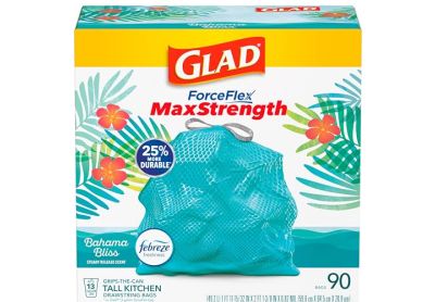 Image: Glad ForceFlex MaxStrength 13 Gallon Bahama Bliss Scent Tall Kitchen Grips-The-Can Drawstring Teal Trash Bags (90 Count)