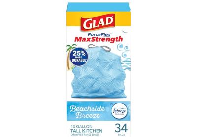 Image: Glad ForceFlex MaxStrength 13 Gallon Beachside Breeze Scent Tall Kitchen Grips-The-Can Drawstring Blue Trash Bags (34 Count)