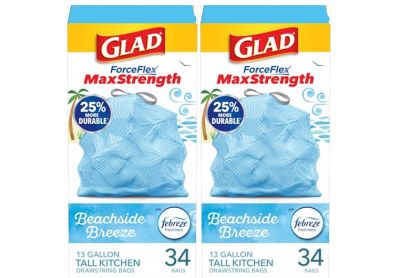 Image: Glad ForceFlex MaxStrength 13 Gallon Beachside Breeze Scent Tall Kitchen Grips-The-Can Drawstring Blue Trash Bags (34 x 2 Pack)