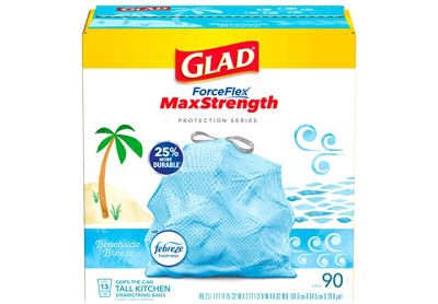 Image: Glad ForceFlex MaxStrength 13 Gallon Beachside Breeze Scent Tall Kitchen Grips-The-Can Drawstring Blue Trash Bags (90 Count)
