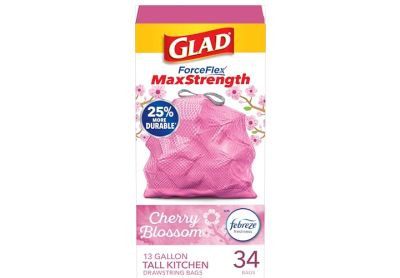Image: Glad ForceFlex MaxStrength 13 Gallon Cherry Blossom Scent Tall Kitchen Grips-The-Can Drawstring Pink Trash Bags (34 Count)