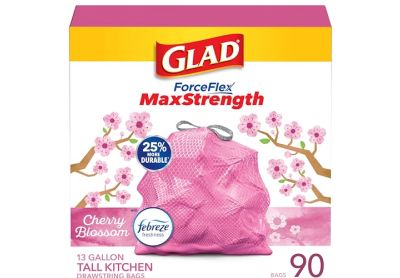 Image: Glad ForceFlex MaxStrength 13 Gallon Cherry Blossom Scent Tall Kitchen Grips-The-Can Drawstring Pink Trash Bags (90 Count)