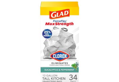Image: Glad ForceFlex MaxStrength 13 Gallon Eucalyptus & Peppermint Scent Tall Kitchen Grips-The-Can Drawstring Gray Trash Bags (34 Count)