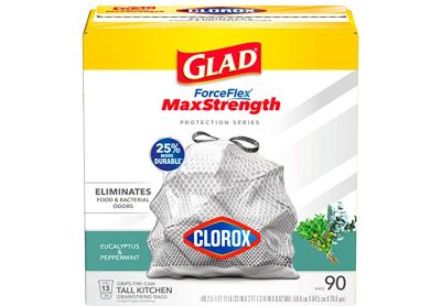 Image: Glad ForceFlex MaxStrength 13 Gallon Eucalyptus & Peppermint Scent Tall Kitchen Grips-The-Can Drawstring Gray Trash Bags (90 Count)