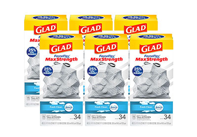 Image: Glad ForceFlex MaxStrength 13 Gallon Fresh Clean Scent Tall Kitchen Drawstring White Trash Bags (34 x 6 Pack)