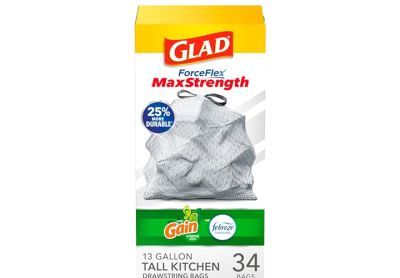 Image: Glad ForceFlex MaxStrength 13 Gallon Gain Original Scent Tall Kitchen Drawstring Gray Trash Bags (34 Count)