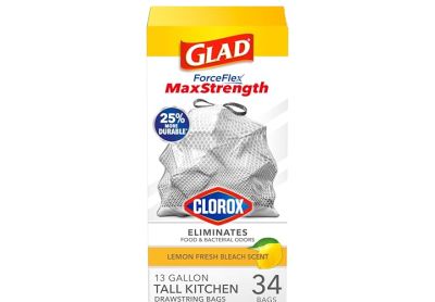 Image: Glad ForceFlex MaxStrength 13 Gallon Lemon Fresh Bleach Scent Tall Kitchen Grips-The-Can Drawstring Gray Trash Bags (34 Count)