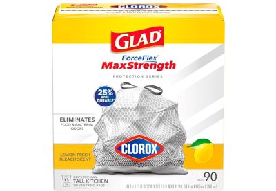 Image: Glad ForceFlex MaxStrength 13 Gallon Lemon Fresh Bleach Scent Tall Kitchen Grips-The-Can Drawstring Gray Trash Bags (90 Count)