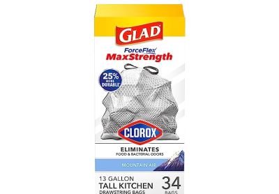 Image: Glad ForceFlex MaxStrength 13 Gallon Mountain Air Scent Tall Kitchen Grips-The-Can Drawstring Gray Trash Bags (34 Count)