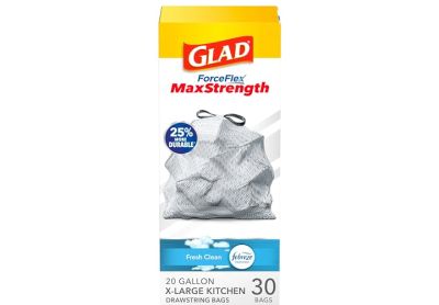 Image: Glad ForceFlex MaxStrength 20 Gallon Fresh Clean Scent X-Large Kitchen Drawstring Gray Trash Bags (30 Count)