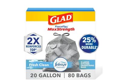 Image: Glad ForceFlex MaxStrength 20 Gallon Fresh Clean Scent X-Large Kitchen Drawstring Gray Trash Bags (80 Count)