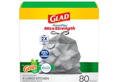 Image: Glad ForceFlex MaxStrength 20 Gallon Gain Original Scent X-Large Kitchen Drawstring Gray Trash Bags (80 Count)